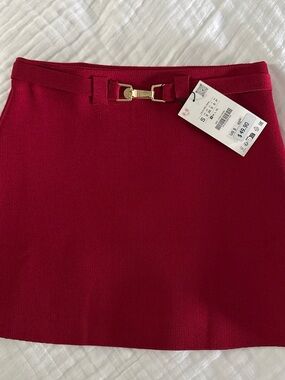 Zara Red Mini Sweater skirt with Gold Buckle